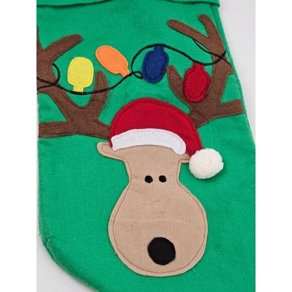Green Felt Christmas Stocking Reindeer Festive Lights Vintage Holiday 19 in - Picture 2 of 8